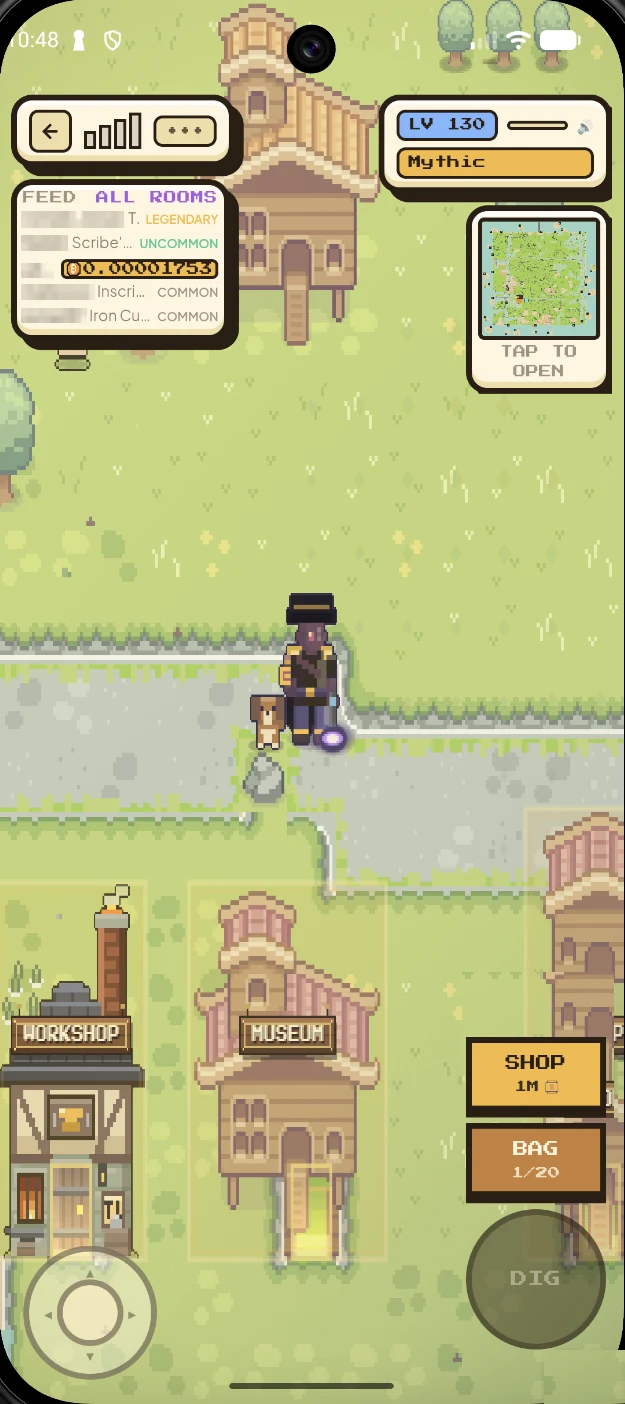 FieldHunters running on an Android phone: a hunter and his dog on the village path, with the shop, the museum and the workshop around them.